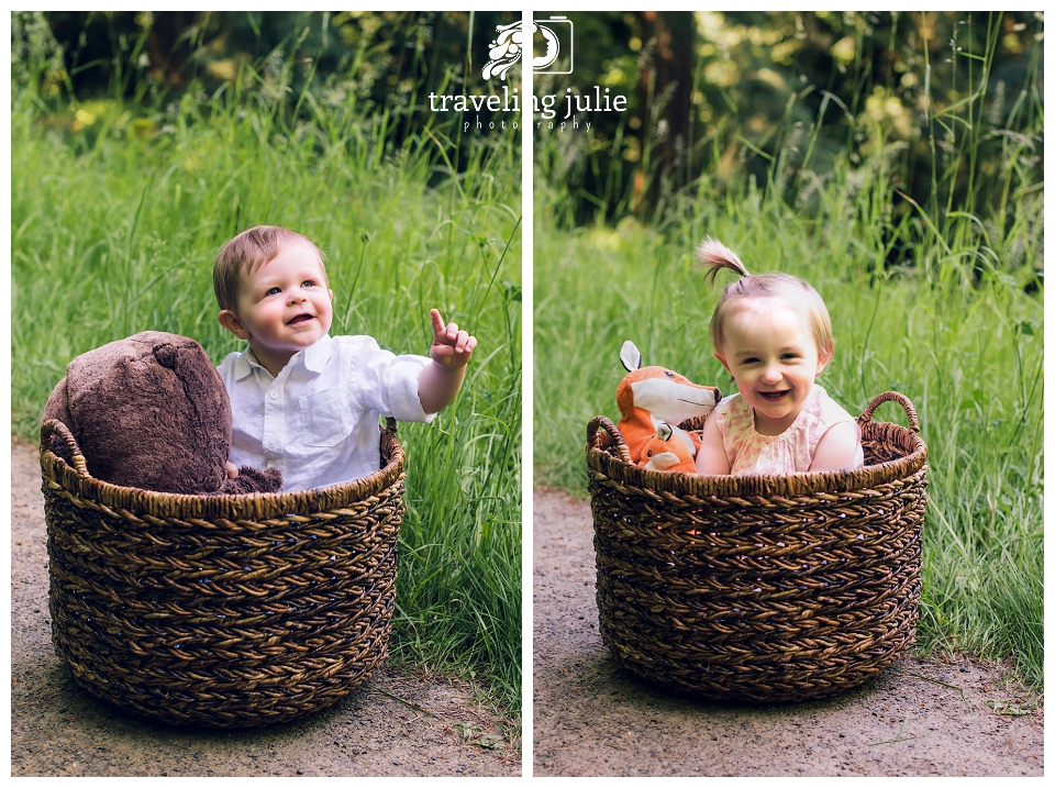 twin one year olds in basket