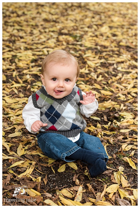 adorable baby in fall leaves